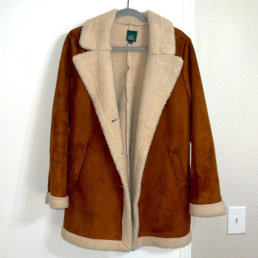 Long Tan Suede and Sherpa Teddy Coat Size M